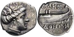 GRIECHISCHE MÜNZEN, GRIECHISCHES MUTTERLAND, KÖNIGREICH MAKEDONIEN ANONYM. 311-, Autonome Prägung ohne Königsname.Tetrobol. Mänadenkopf r. Rs: Schiffsheck. Monogramm. SNG COP. vgl. 1290 f. AMNG 25. 2.