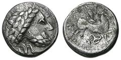 IMIT. D. TETRAD. PHILIPPOS II. Tetradrachme. Typ "Triskeles". Belorbeerter Zeuskopf r. Rs: Reiter r., unter dem Pferd Triskeles. Truglegende. OTA 434,5. Slg. Schörghuber vgl. 682 ff. 12,96g. Rs. Schür