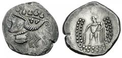 IMIT. D. TETRADR. V. THASOS. Tetradrachme. Dionysoskopf mit Efeukranz l.(!). Rs: Herakles steht l. mit Keule. Stilisierte Darstellung mit Punktlegende. OTA -, vgl. Klasse V/B. Kostial -. Slg. Schörghu