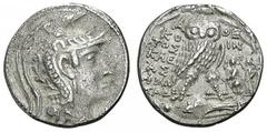ATHEN. Tetradrachme. 123/122. Athenakopf mit attischem Helm r. Rs: Eule sitzt r. auf Amphora. Beizeichen frontal thronende Roma wird von Nike bekränzt. Thompson 1128c ff. 16,26g. L. korrodiert. ss