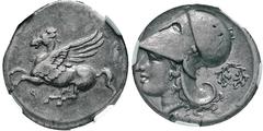 GRIECHISCHE MÜNZEN, GRIECHISCHES MUTTERLAND, KORINTH UND SEINE KOLONIEN, KORINTH. Stater. 4. Jh. v. Chr. Pegasos l. Rs: Athenakopf mit korinthischem Helm l. Beizeichen Kranz. BCD Coll. 116. Calciati, 