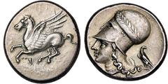 GRIECHISCHE MÜNZEN, GRIECHISCHES MUTTERLAND, KORINTH UND SEINE KOLONIEN, KORINTH. Stater. 4. Jh. v. Chr. Pegasos l. Rs: Athenakopf mit korinthischem Helm l. Beizeichen Adler sitzt l. mit umgewendetem 
