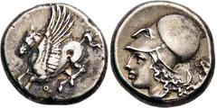 GRIECHISCHE MÜNZEN, GRIECHISCHES MUTTERLAND, KORINTH UND SEINE KOLONIEN, KORINTH. Stater. 4. Jh. v. Chr. Pegasos l. Rs: Athenakopf mit korinthischem Helm l. Beizeichen nach r. eilende Gestalt, wohl Ar