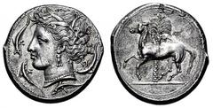 Tetradrachme. Ca. 350-300. Persephone-Tanitkopf mit Ährenkranz, Ohr- und Halsschmuck l., von 4 Delphinen umgeben. Rs: Pferd l., im Hintergrund Dattelpalme. Jenkins III, 141. 16,8g. Vs. Kratzer. Rs. mi