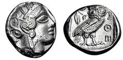 ATHEN. Tetradrachme. 479-393. Behelmter Athenakopf r. Rs: Eule r., dahinter Olivenzweig und Mondsichel. SNG COP. 32 ff. Svoronos Pl. 12-16. 16,23g. Hohes Relief. Min.korr. vz