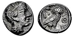 ATHEN. Drachme. 479-393. Behelmter Athenakopf r. Rs: Eule r., dahinter Olivenzweig. SNG COP. 41 ff. 3,58g. Dunkle Tönung. vz