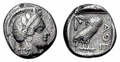 ATHEN. Drachme. 479-393. Behelmter Athenakopf r. Rs: Eule r., dahinter Olivenzweig. SNG COP. 41 ff. 4,01g. L. korrodiert. Feine Kratzer. ss