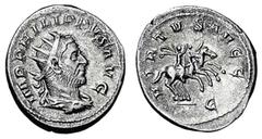 PHILIPPUS I. ARABS. Antoninian. Drapierte und gepanzerte Büste mit Strahlenkrone r. Rs: Philippus Arabs und Philippus II. reiten r. C. 241. R.I.C. 10. 4,82g. vz-ss