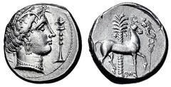 Tetradrachme. Ca. 350-300. Persephone-Tanitkopf mit Ährenkranz, Ohr- und Halsschmuck r., davor Thymiaterion. Rs: Pferd steht r., im Hintergrund Dattelpalme, davor Caduceus und l. fliegende Nike, das T