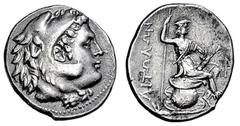 Tetradrachme. 238-228. Herakleskopf mit Löwenfell r. Rs: AIT___N Aitolia mit Kausia, Speer und Schwert sitzt r. auf einem Haufen aus gallischen und makedonischen Schilden, davor Monogramm. SNG COP. vg