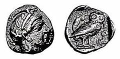 ATHEN. Obol. Ca. 450-404. Athenakopf mit attischem Helm r. Rs: A_E; Eule r., dahinter Oliventrieb mit Blatt und Frucht. Alles in Quadratum incusum. SNG COP. 53 ff. SNG München 77 ff. 0,71g. gutes ss