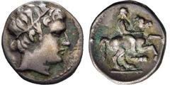 GRIECHISCHE MÜNZEN GRIECHISCHE MÜNZEN, GRIECHISCHES MUTTERLAND, KÖNIGREICH MAKEDONIEN PHILIPPOS II. 359-336, Makedonien, Amphipolis.Tetrobol. 315-294. Jünglingskopf mit Taenia r. Rs: Reiter r. Beizeic