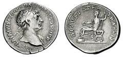 TRAIANUS. Denar. 112-114. IMP TRAIANVS AVG GER DAC P M TR P COS VI P P Belorbeerte und drapierte Büste r. Rs: DIVVS PATER TRAIAN Trajanus sen. sitzt l. mit Patera und Zepter auf Sella curulis. C. 140.