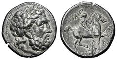 IMIT. D. TETRAD. PHILIPPOS II. Tetradrachme. Unmittelbare Nachprägung mit vollständiger Legende. Belorbeerter Zeuskopf r. Rs: Reiter mit Zweig r. Beizeichen Fackel. OTA -, vgl. 10,2. Zum Vorbild Le Ri