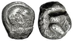 ATHEN. Tetradrachme. 510-480. Behelmter Athenakopf r. Rs: Eule l. (!!!), dahinter Olivenzweig. SNG COP. -. Svoronos -, zur Rs. vgl. Taf. VI, 24 f. 18,15g. Rs. Prüfhieb. RRRR   ge/s-ss
