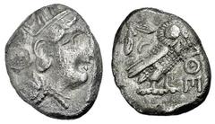 ATHEN. Tetradrachme. 393-295. Behelmter Athenakopf r. Rs: Eule r., dahinter Olivenzweig und Mondsichel. SNG COP. 63 ff. Svoronos Pl. 19-32. 16,99g. Blattförmiger Schrötling. L. korr. fast ss