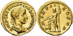 RÖMISCHE MÜNZEN, RÖMISCHES KAISERREICH GORDIANUS III. 238-244, Aureus. IMP CAES M ANT GORDIANVS AVG Belorbeerte, drapierte und gepanzerte Büste r. Rs: P M TR P II COS P P Jupiter steht l. mit Blitz un