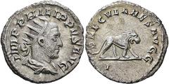RÖMISCHE MÜNZEN, RÖMISCHES KAISERREICH PHILIPPUS I. ARABS. 244-249, Antoninian. Drapierte und gepanzerte Büste mit Strahlenkrone r. Rs: Löwe r. C. 173. R.I.C. 12. 3.31g, Schöne Tönung. Rs. min. Kratze