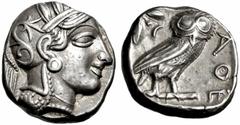 GRIECHISCHE MÜNZEN ATTIKA ATHEN. Tetradrachme. Behelmter Athenakopf r. Rs: Eule r., dahinter Olivenzweig und Mondsichel. SNG COP. 32 ff. Svoronos Taf. 12-16. 17.10g. Etwas knapper Schrötling. vz