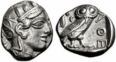 GRIECHISCHE MÜNZEN ATTIKA ATHEN. Tetradrachme. Behelmter Athenakopf r. Rs: Eule r., dahinter Olivenzweig und Mondsichel. SNG COP. 32 ff. Svoronos Taf. 12-16. 17.07g. Hohes Relief. fast vz