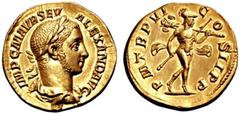 RÖMISCHE MÜNZEN RÖMISCHES KAISERREICH SEVERUS ALEXANDER. 222-235 Aureus. IMP C M AVR SEV ALEXAND AVG Belorbeerte und drapierte Büste r. Rs: P M TR P VI COS II P P Mars r. mit Speer und Tropaeum. C. 30