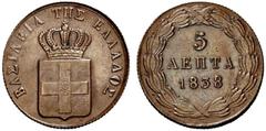 GEPRÄGE DES AUSLANDES GRIECHENLAND Othon von Bayern. 1832-1862 Athen. 5 Lepta 1838 ohne Mzz. (Stempel von Konrad Lange). Gekrönter Landesschild, im Zentrum der bayerische Rautenschild. Rs: 3 Zeilen We