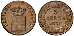 GEPRÄGE DES AUSLANDES GRIECHENLAND Othon von Bayern. 1832-1862 Athen. 5 Lepta 1839 ohne Mzz. (Stempel von Konrad Lange). Gekrönter Landesschild, im Zentrum der bayerische Rautenschild. Rs: 3 Zeilen We
