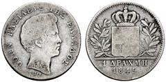 GEPRÄGE DES AUSLANDES GRIECHENLAND Othon von Bayern. 1832-1862 Athen. 1 Drachmi 1845 ohne Mzz. (Stempel von Karl Friedrich Voigt). OQWN BASILEYS THS ELLADOS Kopf des Königs r. Rs: Gekrönter Landesschi