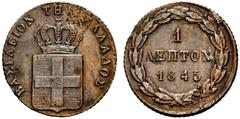 GEPRÄGE DES AUSLANDES GRIECHENLAND Othon von Bayern. 1832-1862 Athen. Lepton 1845 ohne Mzz. (Stempel von Konrad Lange). Gekrönter Landesschild, im Zentrum bayerischer Rautenschild. Rs: 3 Zeilen Wert i