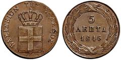 GEPRÄGE DES AUSLANDES GRIECHENLAND Othon von Bayern. 1832-1862 Athen. 5 Lepta 1846 ohne Mzz. (Stempel von Konrad Lange). BASILEION THS ELLADOS Gekrönter Landesschild, im Zentrum der bayerische Rautens