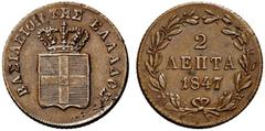GEPRÄGE DES AUSLANDES GRIECHENLAND Othon von Bayern. 1832-1862 Athen. 2 Lepta 1847 ohne Mzz. (Stempel von Konrad Lange). BASILEION THS ELLADOS Gekrönter Landesschild, im Zentrum der bayerische Rautens