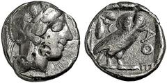 GRIECHISCHE MÜNZEN GRIECHISCHES MUTTERLAND ATTIKA ATHEN Tetradrachme. 479-404. Behelmter Athenakopf r. Gegenstempel Amphora(?). Rs: Eule r., dahinter Olivenzweig und Mondsichel. SNG COP. 32 ff. Svoron