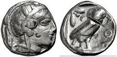 GRIECHISCHE MÜNZEN GRIECHISCHES MUTTERLAND ATTIKA ATHEN Tetradrachme. 479-404. Behelmter Athenakopf r. Rs: Eule r., dahinter Olivenzweig und Mondsichel. SNG COP. 32 ff. Svoronos Taf. 12-16. 16.88g. Ho