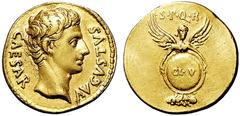RÖMISCHE MÜNZEN RÖMISCHES KAISERREICH AUGUSTUS. 27 v. Chr-14 n. Chr Colonia Patricia. Aureus. CAESAR AVGVSTVS Bloßer Kopf r. Rs: SPQR Victoria fliegt frontal, hält Ehrenschild mit Aufschrift CL V. C. 