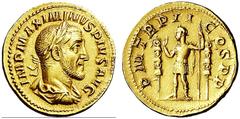 RÖMISCHE MÜNZEN RÖMISCHES KAISERREICH MAXIMINUS I. THRAX. 235-238 Aureus. IMP MAXIMINVS PIVS AVG Belorbeerte, drapierte und gepanzerte Büste r. Rs: P M TR P II COS P P Kaiser mit Speer steht r. zwisch
