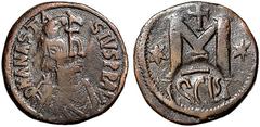 BYZANTINISCHE MÜNZEN HERACLIUS. 610-641 Sizilien. Follis. Gegengestempelt auf einem Follis des Anastasius. Frontalbüste und Namensmonogram. Rs: Monogramm für Sizilien. Sear 882. Ratto 1342. Braune Pat