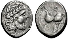 KELTEN, DONAUKELTEN, IMIT. D. TETRAD. PHILIPPOS II. Tetradrachme. Typ Kugelwange. Barbarisierter belorbeerter Zeuskopf r. Rs: Pferd l., darüber Punktkreis. OTA 193, 1 var. Kostial 465. 11.08g, Ovaler 