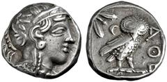 GRIECHISCHE MÜNZEN, GRIECHISCHES MUTTERLAND, ATTIKA, ATHEN. Tetradrachme. 479-404. Behelmter Athenakopf r. Rs: Eule r., dahinter Olivenzweig und Mondsichel. SNG COP. 32 ff. Svoronos Taf. 12-16. 17.12g