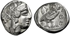 GRIECHISCHE MÜNZEN, GRIECHISCHES MUTTERLAND, ATTIKA, ATHEN. Tetradrachme. 479-404. Behelmter Athenakopf r. Rs: Eule r., dahinter Olivenzweig und Mondsichel. SNG COP. 32 ff. Svoronos Pl. 12-16. 16.23g,