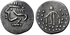 KELTEN, DONAUKELTEN, IMIT. D. TETRADR. V. THASOS. Tetradrachme. Stilisierter Dionysoskopf mit Efeukranz l. Rs: "Herakles" steht l. Stark stilisierte Darstellung mit Punktlegende. OTA -, vgl. KL. V/B. 