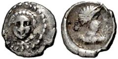 GRIECHISCHE MÜNZEN, ASIEN, KILIKIEN, UNBESTIMMTE MÜNZSTÄTTE. Tetartemorion. 4. Jh v. Chr. Apollokopf frontal. Rs: Büste mit Diadem r. Davor aramäischer(?) Buchstabe. Troxell-Kagan in Festschrift Kraay