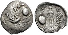 KELTEN, DONAUKELTEN, IMIT. D. TETRADR. V. THASOS. Tetradrachme. Stilisierter Dionysoskopf mit Efeukranz r. Rs: Herakles steht l. mit Keule und Löwenfell. Truglegende. OTA -, vgl. KL. IIIA. Kostial 976