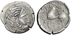 KELTEN, DONAUKELTEN, IMIT. D. TETRAD. PHILIPPOS II. Tetradrachme. Vgl. Typ mit liegender Acht. Barbarisierter belorbeerter Zeuskopf r. Rs: Pferd l., Reiter mit langem Helmschweif angedeutet. OTA vgl. 