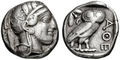 GRIECHISCHE MÜNZEN, GRIECHISCHES MUTTERLAND, ATTIKA, ATHEN. Tetradrachme. 479-404. Behelmter Athenakopf r. Rs: Eule r., dahinter Olivenzweig und Mondsichel. SNG COP. 32 ff. Svoronos Taf. 12-16. 16.92g