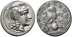 GRIECHISCHE MÜNZEN, GRIECHISCHES MUTTERLAND, ATTIKA, ATHEN. Tetradrachme. 187/186. Athenakopf mit attischem Helm r. Rs: Eule sitzt r. auf Amphora. 2 Monogramme. Beizeichen Ähre. Alles in Kranz. Thomps