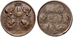 SAMMLUNG GRIECHENLAND Bronzemedaille 1687 (Stempel von Georg Hautsch) auf die Eroberungen auf der Morea (Peloponnes). TERROR - TURCARUM . 2 Engel mit Tuben und Kranz über den Medaillons des Dogen {i F