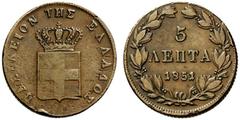 SAMMLUNG GRIECHENLAND Othon von Bayern. 1832-1862, Athen.5 Lepta 1851 ohne Mzz. (Stempel von Konrad Lange): Gekrönter Landesschild, im Zentrum der bayerische Rautenschild. Rs: 3 Zeilen Wert in Lorbeer