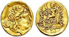 GRIECHISCHE MÜNZNE GRIECHISCHES MUTTERLAND KÖNIGREICH THRAKIEN LYSIMACHOS. 323-281. Hohler "AU-Stater". Nach 89 v. Chr. Alexanderkopf mit Diadem und Ammonshorn r. Rs: Athena thront l. mit Nike. Beizei