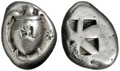 GRIECHISCHE MÜNZNE GRIECHISCHES MUTTERLAND AIGINA ATHEN. Stater. 500-480. Seeschildkröte. 2 Gegenstempel mit unsicherer Darstellung. Rs: Unregelmäßig geteiltes Quadratum incusum. SNG COP. vgl. 503. SN