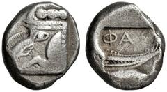 GRIECHISCHE MÜNZNE ASIEN LYKIEN PHASELIS. Tetrobol. 500-440. Prora in Form einer Eberprotome r. Rs: Schiffsheck nach r., darüber Ethnikon. Alles in Quadratum incusum. Heipp-Tamer 69. 3.52g. Vs. hohes 